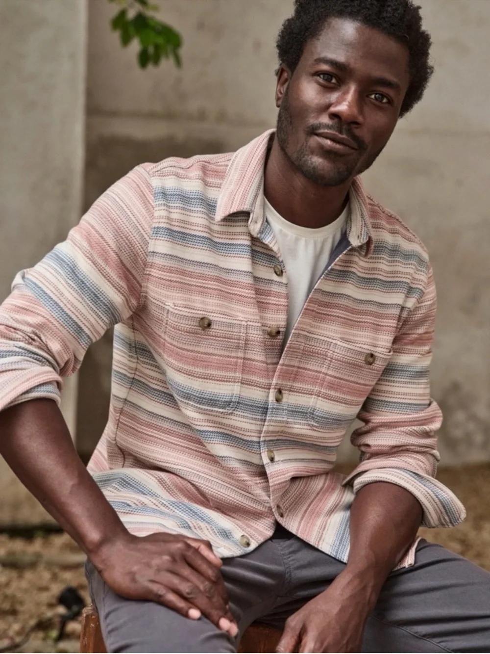 MARINE LAYER Mens Pacifica Stretch Twill Shirt Warm Baja Stripe Medium NWT